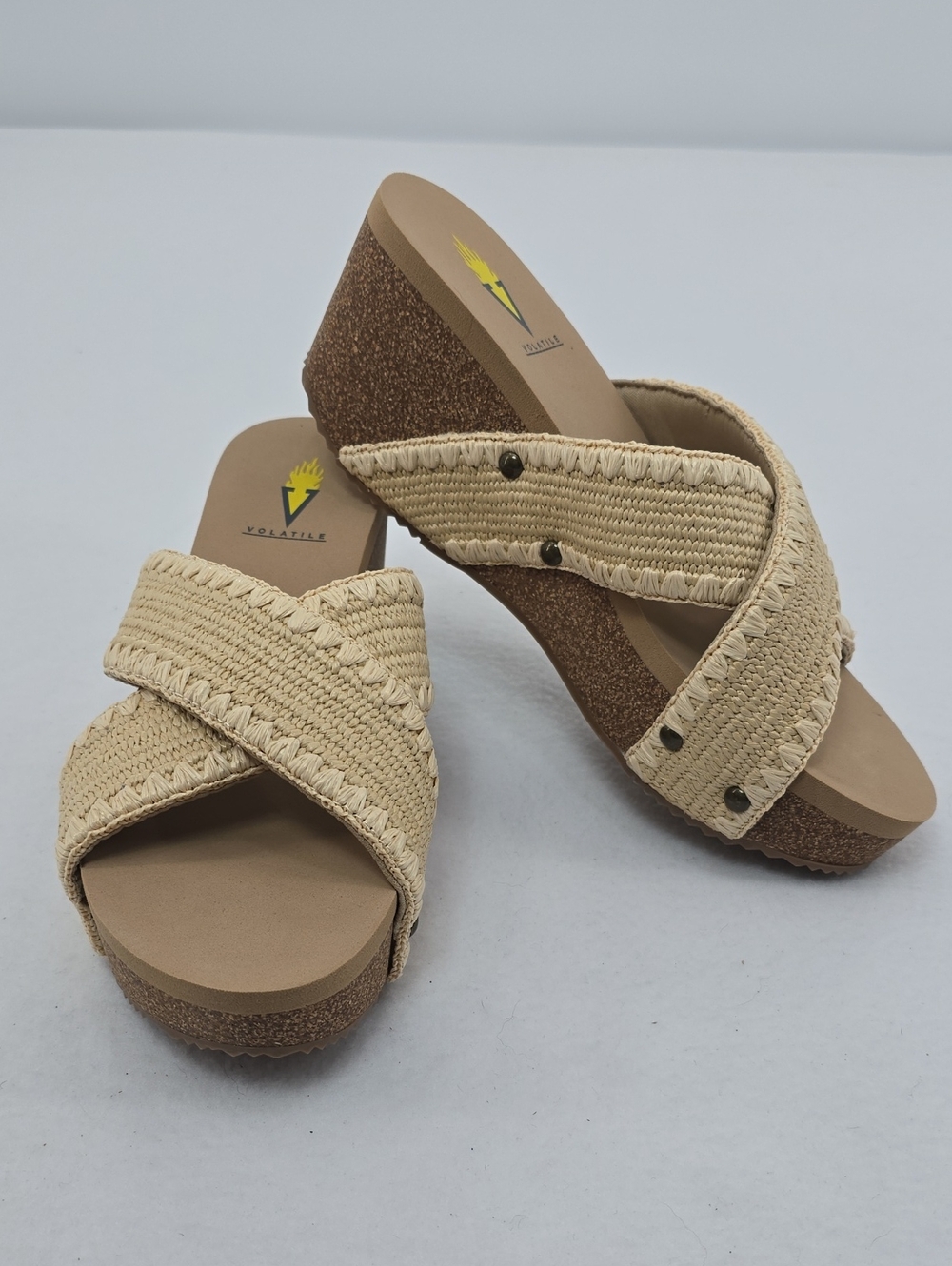 Volatile Antigua Raffia Studded Slide Wedge Sandals